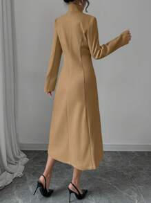 Elenzga Elegant Stand Collar Color Block Chinese Style Button Down Cinched Waist Long Thick Woolen Coat For Women, Autumn/Winter