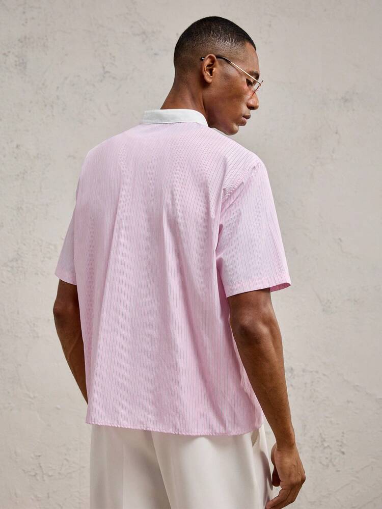 Chemise casual à col montant slim fit avec imprimé rose rose contrastant, convenant pour le port quotidien, les vacances, les mariages, les assortiments de couple, printemps/été