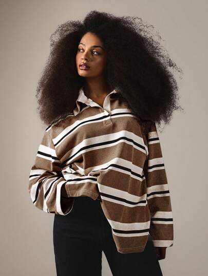 Athîral Women's Earthy Brown Striped Polo Collar Sweatshirt: Casual Long Sleeve Top In Fall/Winter