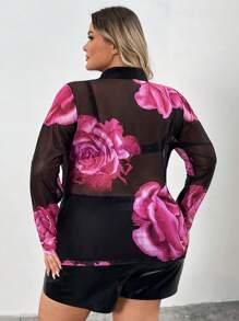 SHEIN CURVE+ Plus Size Casual Sexy V-Neck Open Front Long Sleeve Ruched Color Block Print Blouse For Autumn/Winter,Valentines,Rose,Heart,Polka Dot,Love,Lip,Cupid,3D Flower