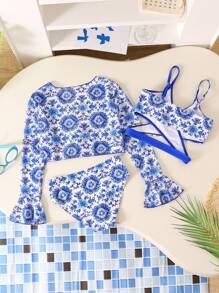3 stuks/set badkleding voor meisjes, mesh top met vintage porseleinen bloemenprint