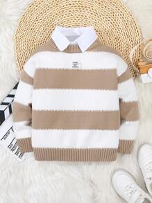 LMoss Kids 1pc Young Boy Striped High Neck Oversized Sweater, Casual, Comfortable, Suitable For Wear Alone Or As Base Layer, Fit For Daily, School, Gathering, Christmas, Autumn/Winter - Multicolor - View 1