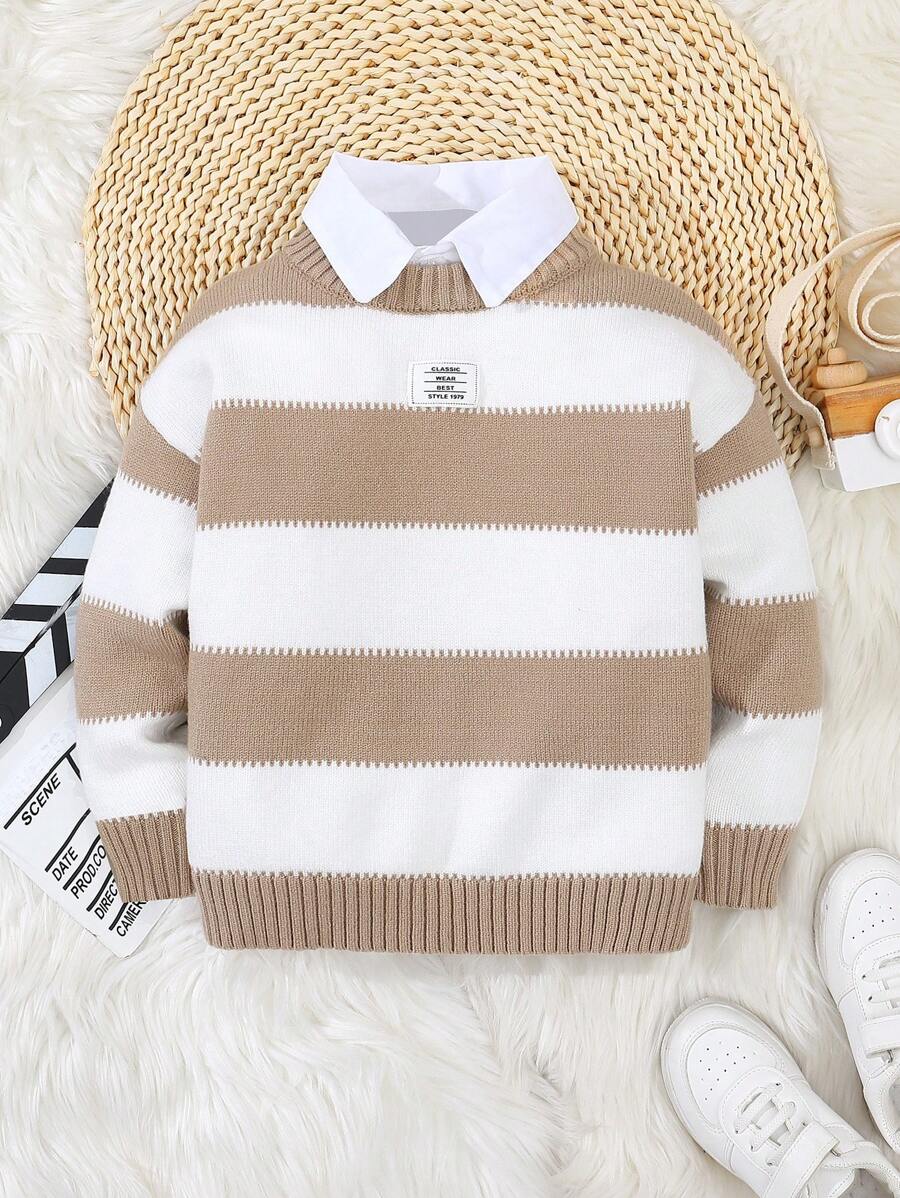 LMoss Kids 1pc Young Boy Striped High Neck Oversized Sweater, Casual, Comfortable, Suitable For Wear Alone Or As Base Layer, Fit For Daily, School, Gathering, Christmas, Autumn/Winter - Multicolor - View 1