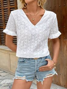 Breezaya Women's Solid Color V-Neck Tie Back Casual Blouse, Everyday Wear - White - View 6