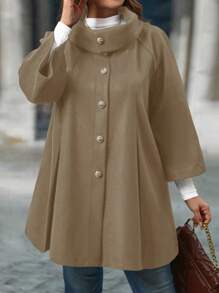 SHEIN LUNE Plus Size Plain Woven Black Loose Metal Button Mock Neck Fashion Woolen Coat