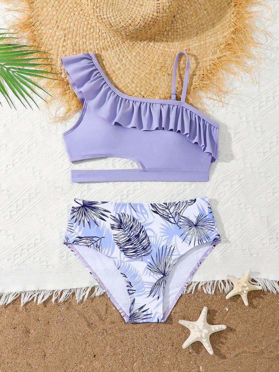 Tween Girl Solid Asymmetric Top With Plant Print Bottom Two Pieces Swimwear - Multicolor - View 1