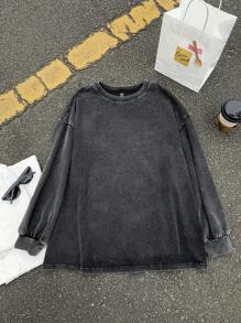 SHEIN EZwear Plus Size Crew Neck Long Sleeve Lip Print Casual Shirt, Everyday Wear - Black - View 2