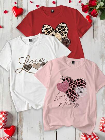 INAWLY 3 件女式豹纹心形图案短袖 T 恤休闲上衣，情人节套装图案猎豹印花 T 恤女式上衣