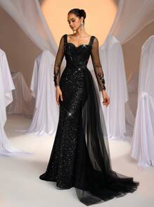 Glamrae Elegant Luxurious Embroidered Rhinestone Lace Applique See-Through Long Sleeve Sequin Contrast Mesh Mermaid Hem Formal Dress, Suitable For Wedding, Party, Wedding Guest Dress, Evening Dress