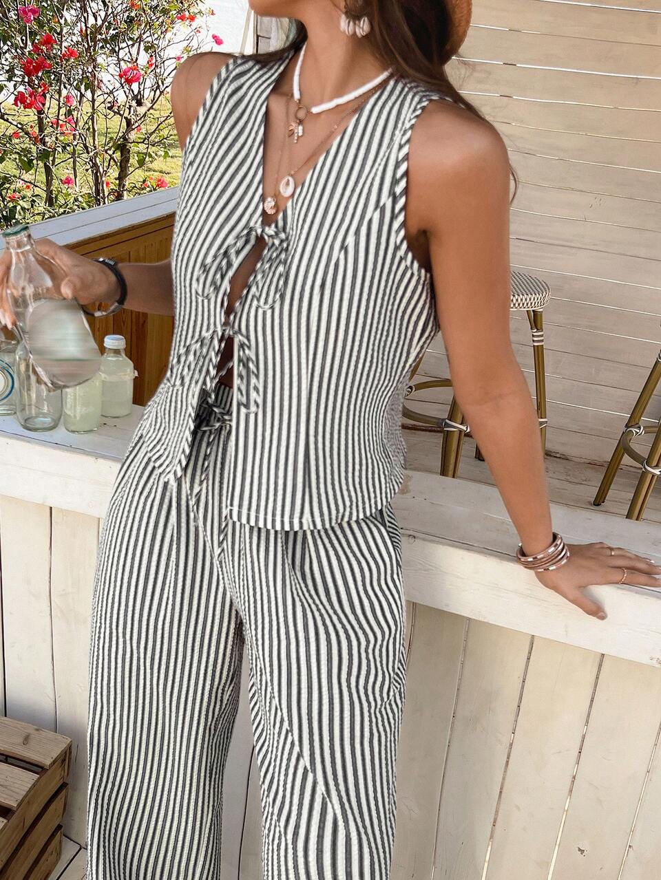 2pcs Women Striped Pattern Tie Front Top And Long Pants Vacation Beach Outfit Set Lounge Sets For Women Short Sets For Women