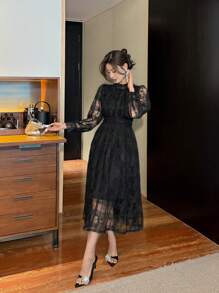 DAZY Women Elegant Mid-Length Lace Waist Cinched Dress, Autumn Prom Dress