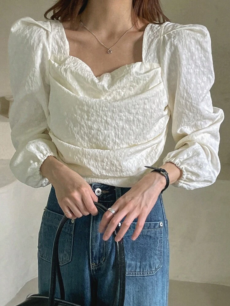 Women's Textured Fabric Lantern Sleeve Square Collar Pullover Blouse, White, Spring/Summer Long Sleeve Top