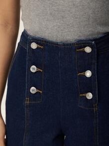 Poéselle 女式双排扣牛仔裤直筒蓝色牛仔裤女装波西米亚风夏季女式宽松牛仔裤低腰牛仔裤宽松女式牛仔裤复古下装夏季女式高腰牛仔裤女式牛仔裤，宽松牛仔裤 - 深色水洗藍 - 查看 6