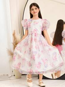 SHEIN Tween Girls Cute Round Neck Puff Sleeve Cinch Waist Floral Print Mid-Length Dress