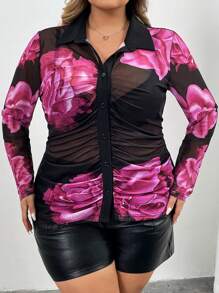 SHEIN CURVE+ Plus Size Casual Sexy V-Neck Open Front Long Sleeve Ruched Color Block Print Blouse For Autumn/Winter,Valentines,Rose,Heart,Polka Dot,Love,Lip,Cupid,3D Flower