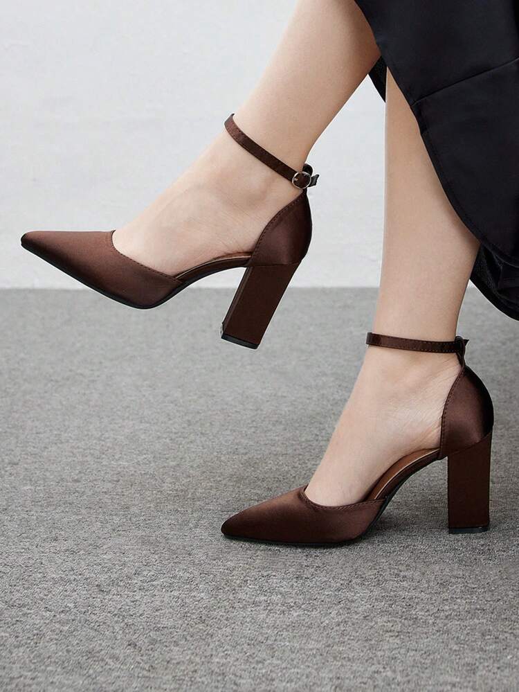 CUCCOO BIZCHIC Fashionable Dark Coffee Thick Heel Hollow Ankle Strap Pointed Toe Brown High Heels Shoes, Suitable For Work, Party, Date Spring Shoes Spring Break Easter For Christmas Spring Shoes
