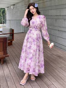 DAZY 女士花卉印花中长度假连衣裙，春秋季长袖连衣裙 - 淡紫色 - 查看 5