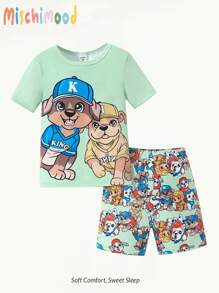 Bộ đồ ngủ tay ngắn in hình chú chó và quần dài in hình chú chó hoạt hình cho bé trai, đồ mặc ở nhà - màu xanh lá - Xem 1
