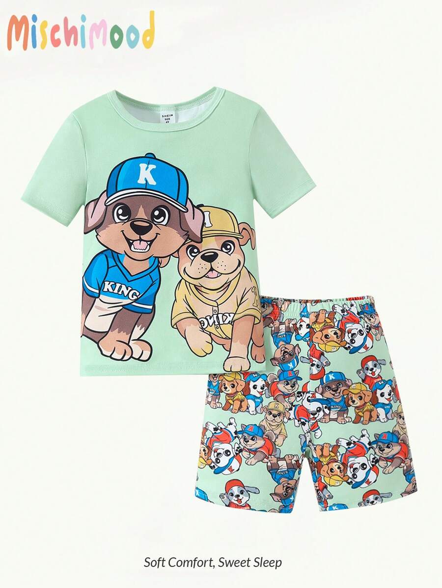 Bộ đồ ngủ tay ngắn in hình chú chó và quần dài in hình chú chó hoạt hình cho bé trai, đồ mặc ở nhà - màu xanh lá - Xem 1