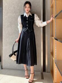 DAZY 女士牛仔外套+牛仔裙两件套 - 深色水洗藍 - 查看 7