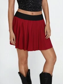 TRNVIE 女士纯色拼接褶皱简约 A 字裙，休闲日常穿着