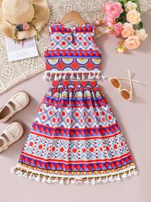 SHEIN Ramadan Young Girl Fashionable Printed Sleeveless Top With Tassel Hem, Matching Skirt, Suitable For Spring Summer Holiday - Multicolor - View 2