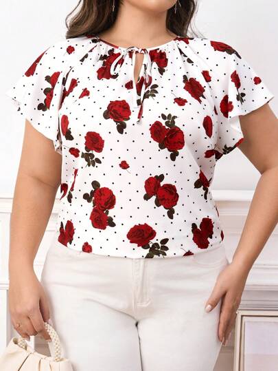 SHEIN Clasi Valentine's Day Elegant Plus Size Women Floral Print Tie Neck Raglan Sleeve Ruffle Short Sleeve Blouse,Spring/Summer Outfits For Women