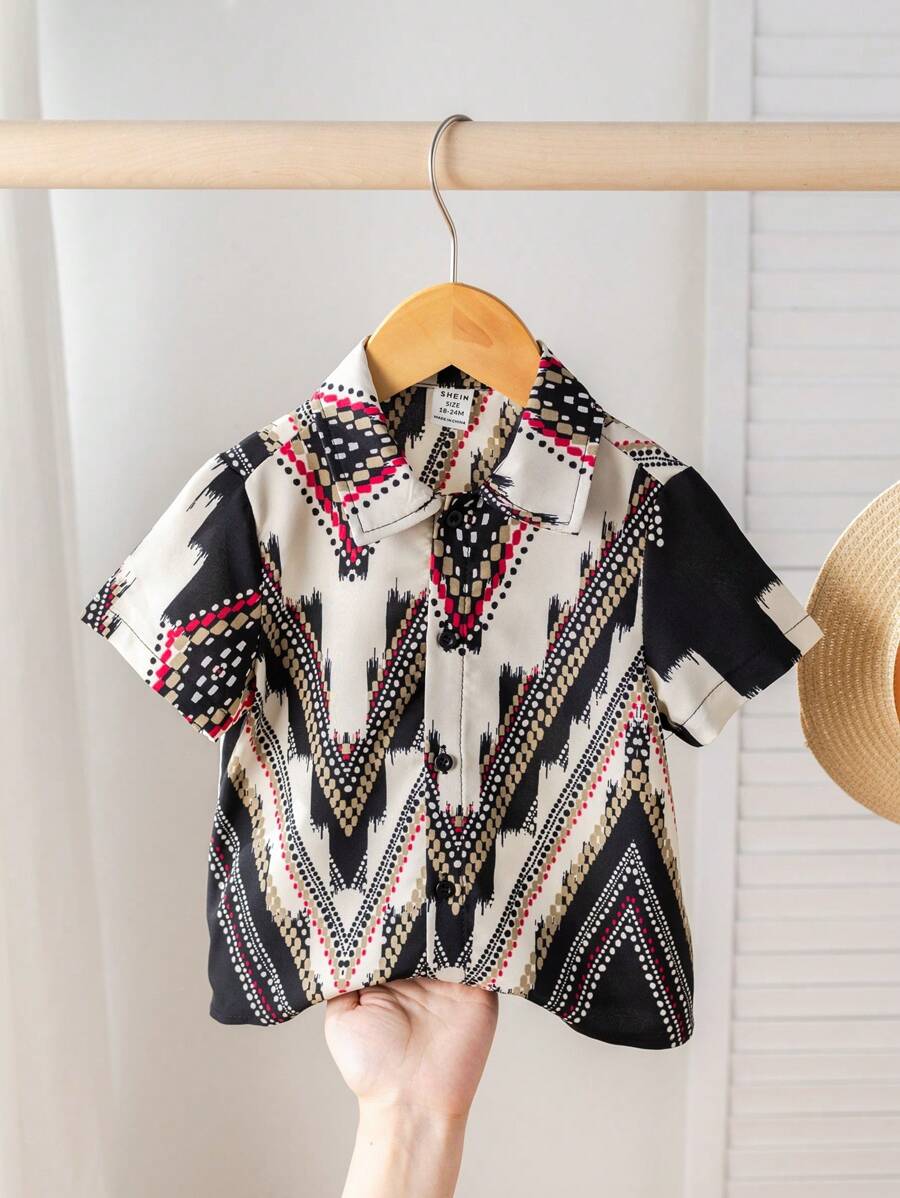 SHEIN Cardigan Kasual Lengan Pendek Berkerah Motif Tradisional untuk Bayi Laki-laki - MultiWarna - View 1