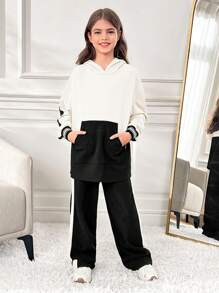 SHEIN Leap Crew 青少年女孩超大休闲拼布连帽衫，搭配不对称下摆运动裤运动套装