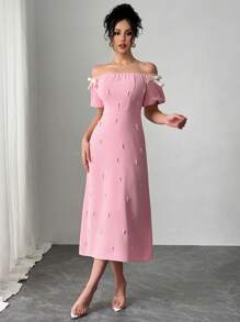 Rafferiza Vestido elegante con escote descubierto, lazo y decoración de perlas falsas