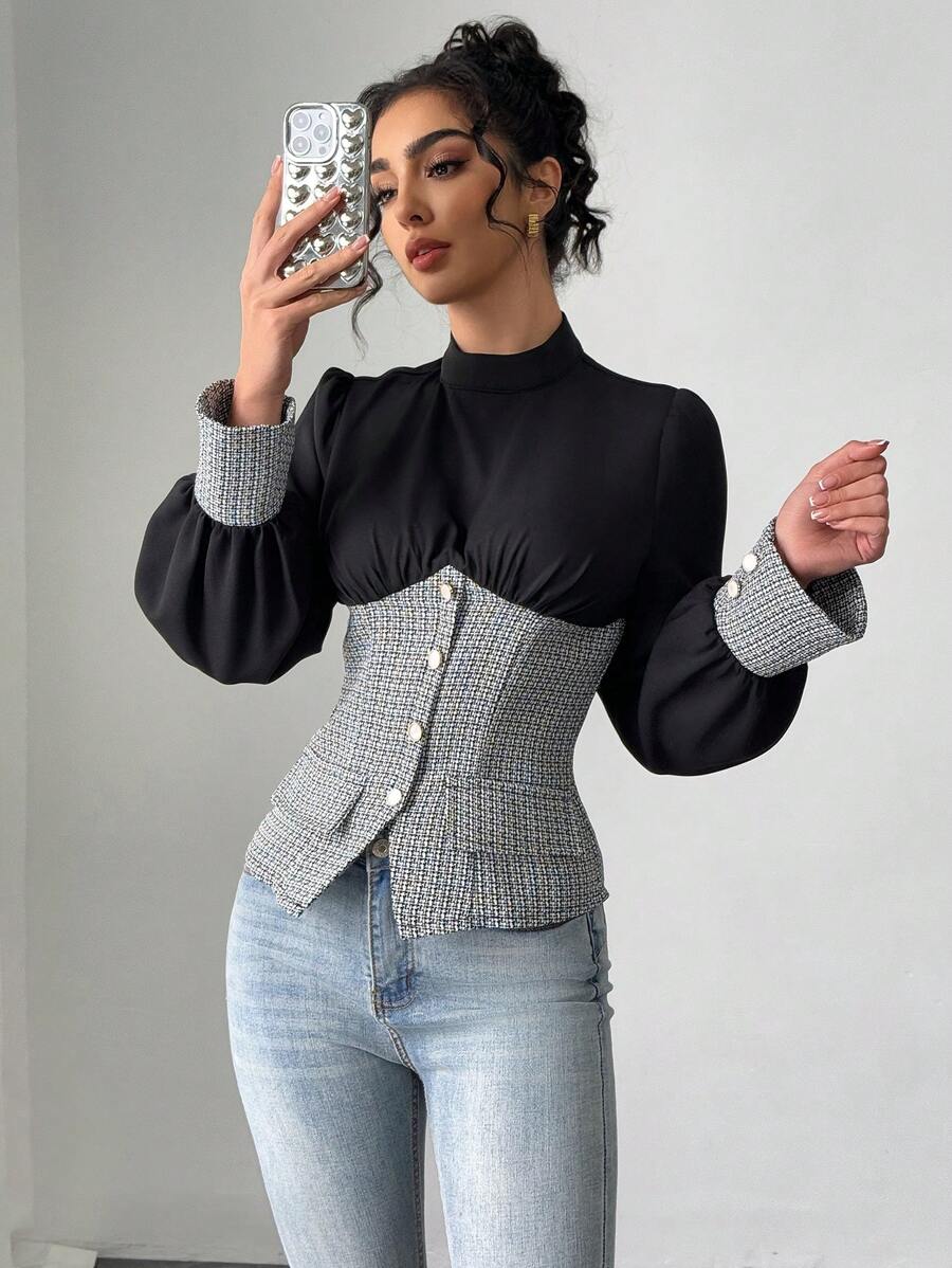 Chiquease Women's Regular Elegant High Collar Black Long Sleeve Blouse - Multicolor - View 1