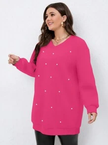 Sudadera con capucha de manga larga con cuello en V, gráfica, simple y casual, de talla grande