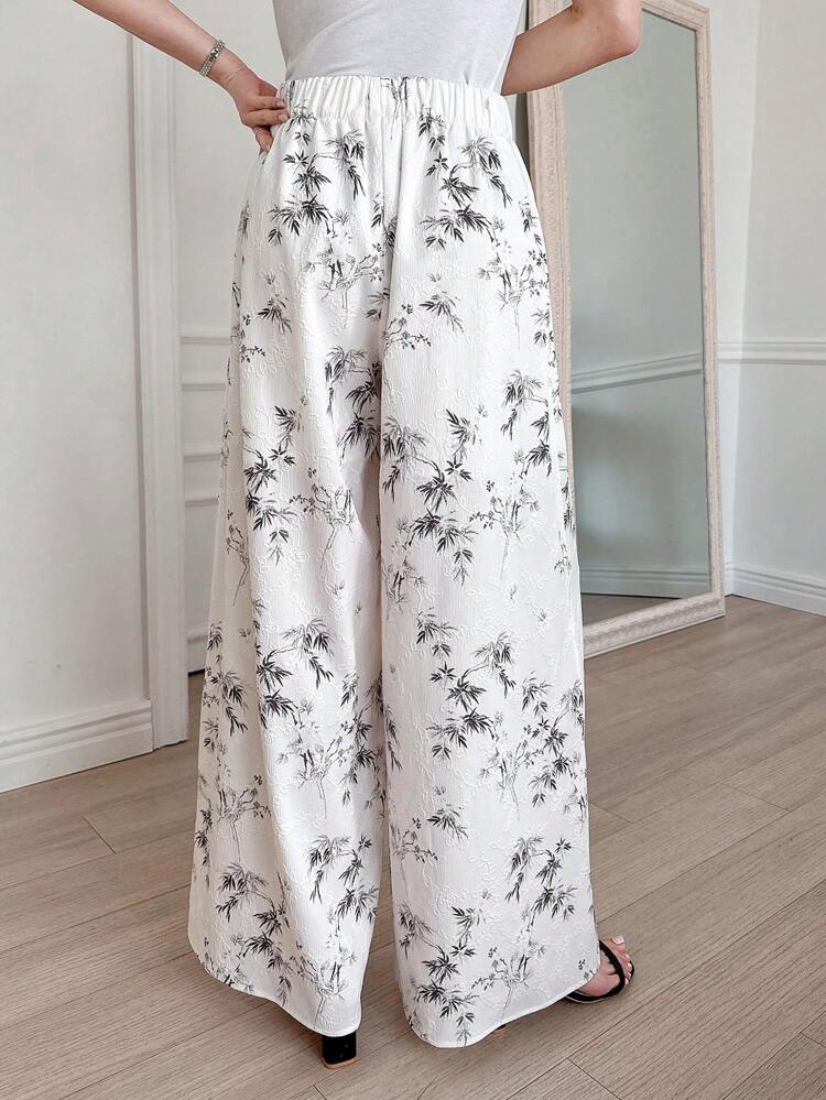 Textured All Over Floral Pattern Loose Wide Leg Pants With Elastic Waist, Elegant Summer Women Trousers,Teacher Pants Boho