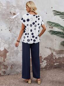 EMERY ROSE 2pcs Women's Vacation Casual Polka Dot Print Top And Pants Set - Multicolor - View 2