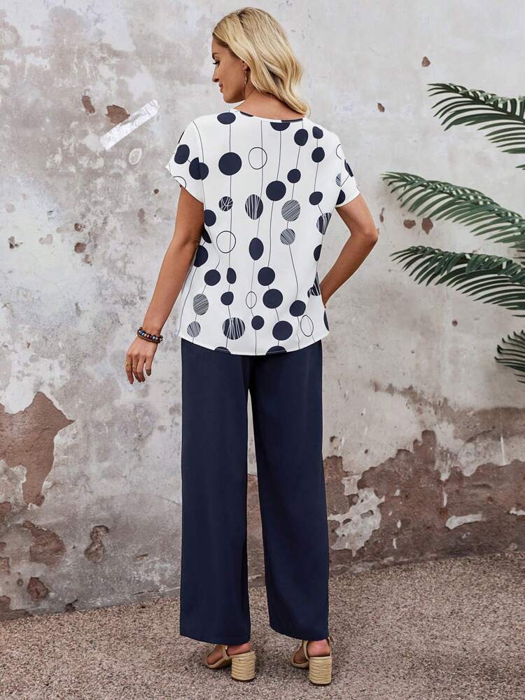 2pcs Women's Vacation Casual Polka Dot Print Top And Pants Set