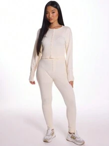 MUSERA Button Front Knit Co-Ord Pants Only Cosy Cute Casual - Cream - View 4