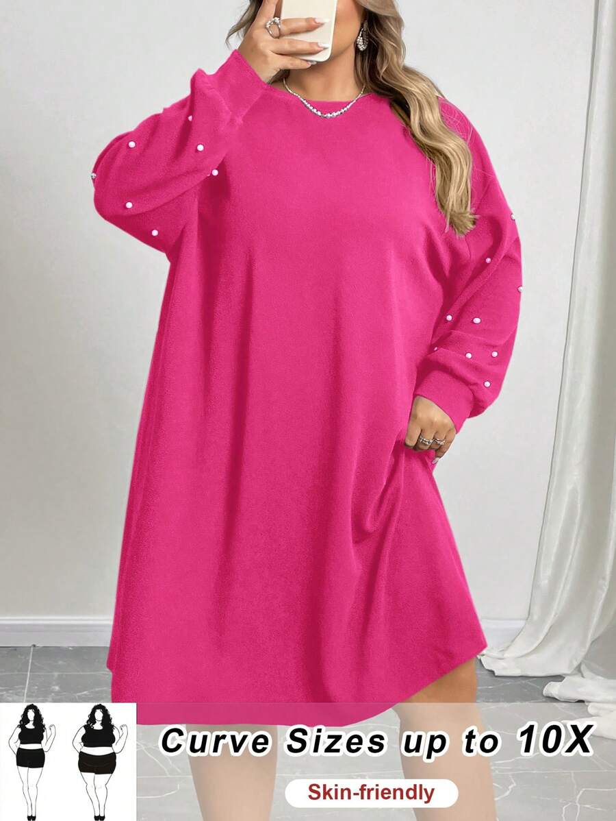 SHEIN CURVE+ 女式加大码落肩宽松黑色连衣裙 - 玫紅色 - 查看 1