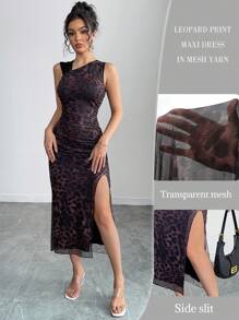 Chiquease Vestido maxi de gasa con volantes asimétricos sin mangas con estampado de leopardo - Marrón - Ver 1