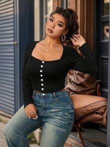 SHEIN EZwear Plus Size Women Autumn Casual Sweetheart Collar Button Detail Long Sleeve T-Shirt - Black - View 7