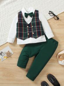 SHEIN 2er Set Kleinkind Jungen englischer Stil Weihnachten Karomuster Weste und Hose mit entspannter Passform, Herrenanzug in Weihnachtsrot und -grün, bequem und stylisch für Urlaubsfeiern, Weihnachtsveranstaltungen - Verschiedenfarbig - Übersicht 7