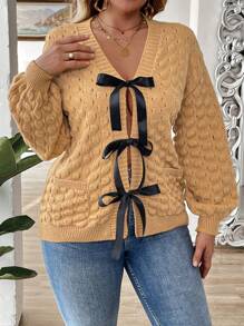 Calvaya Plus Size Women Elegant Romantic V-Neck Long Sleeve Pocket Bowknot Cardigan, Casual & Slimming, Autumn/Winter - Mustard Yellow - View 5