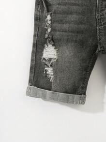 Young Boy Daily Vintage Street Casual Destroy Roll Up Hem Elastic Waist Stretchy Denim Shorts