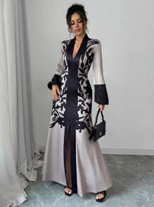 Rafferiza New Women's European And American Style Fitted Waist Long Lantern Sleeve V-Neck Color Block Print Dress Fall Cloth For Women - Apricot - View 4