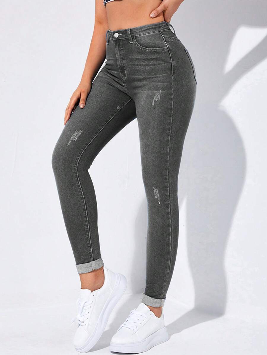 SHEIN EZwear SpringHigh Waist Ripped Skinny Jeans - Grey - View 1