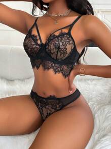 蕾丝和睫毛性感女士内衣套装 - 黑色 - 查看 5