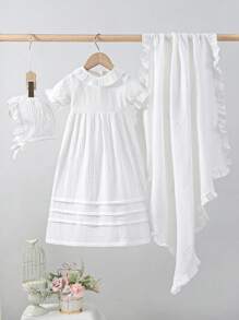 Robe de baptême blanche unie pour bébé fille nouveau-né, ensemble élégant avec robe longue à manches courtes volantées, chapeau, gants et couverture d'emmaillotage - Blanc - Voir 6