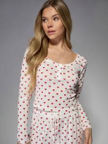 MISSGUIDED Conjunto de pijama de dos piezas de punto acanalado con estampado de corazón, ropa de descanso, ropa de dormir, acogedor y cómodo regalo de San Valentín