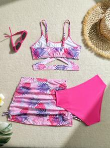 Tween Girl Vacation Beach Plant Printed Swimwear - Multicolor - View 2