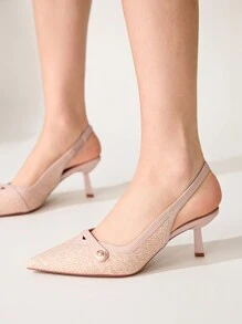 CUCCOO CHICEST Women's Pointed Toe Faux Pearl Buckle Woven Upper Mid-Heel Pumps, Comfortable & Elegant Commuter Shoes, Available In Pink & Apricot, Suitable For Commute, Romantic Dates, Afternoon Tea Spring Shoes Spring Break Easter Prom Heels