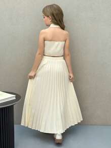 SHEIN Nova Glow 少女休闲时尚纯色吊带上衣和百褶长裙套装 - 杏色 - 查看 2